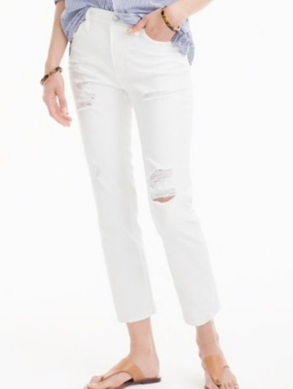 J. Crew Vintage Crop Destroyed White Stretch Denim High Rise Straight Leg Jean